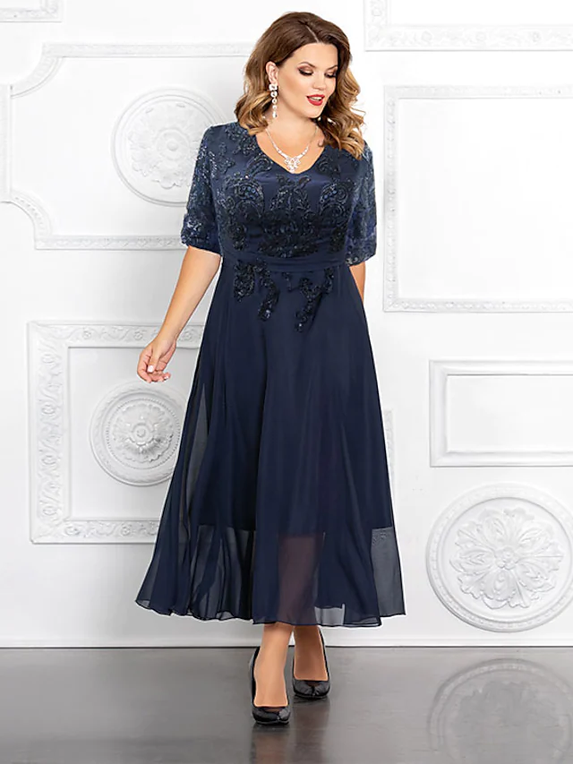 Elegant plus size A-line Mother of the Bride dress with V-neck, half sleeves, and sequined appliques.