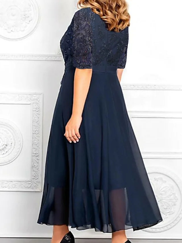 Full view of the sequined A-line chiffon Mother of the Bride dress, featuring a V-neck and ankle length.