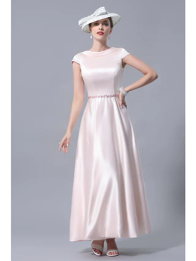 Elegant A-Line Mother of the Bride Dress with Cowl Neck and Short Sleeves.