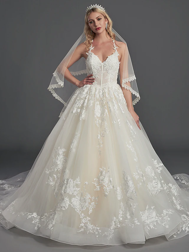 Elegant A-Line off-shoulder satin wedding dress with short sleeves and court train.