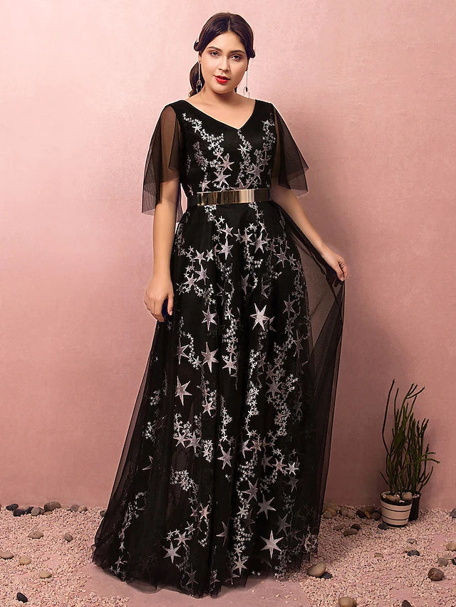 Elegant plus size A-line prom dress with V-neck, half sleeves, lace, and sequin details.