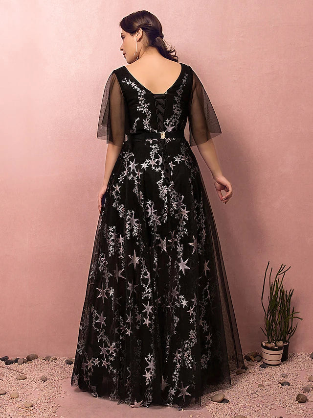 Side profile of a plus size A-line dress, showcasing the floor-length design.