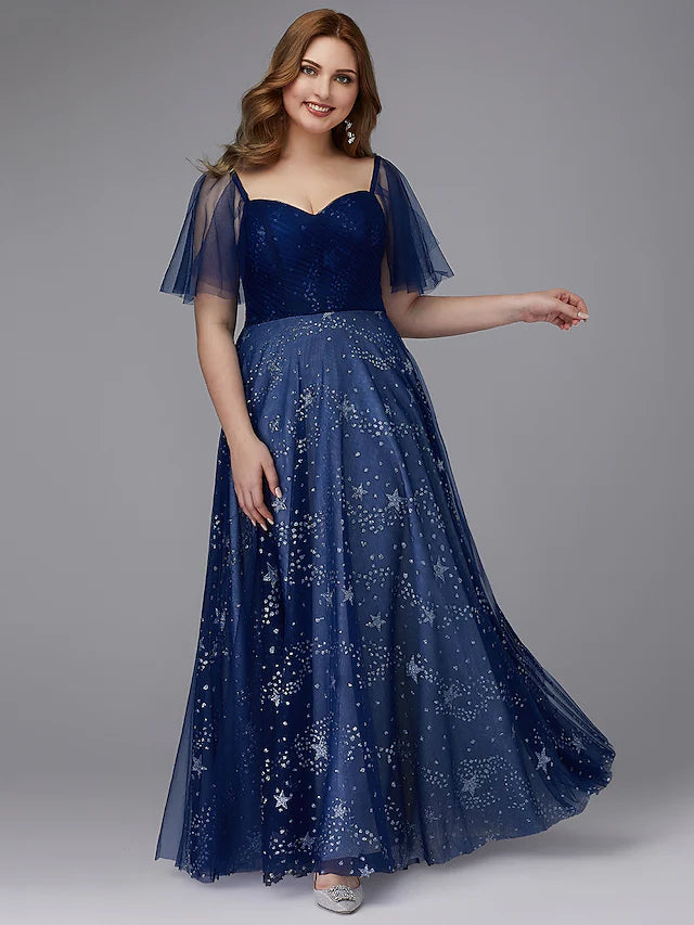 Plus size A-line prom dress with sweetheart neckline and short sleeves.