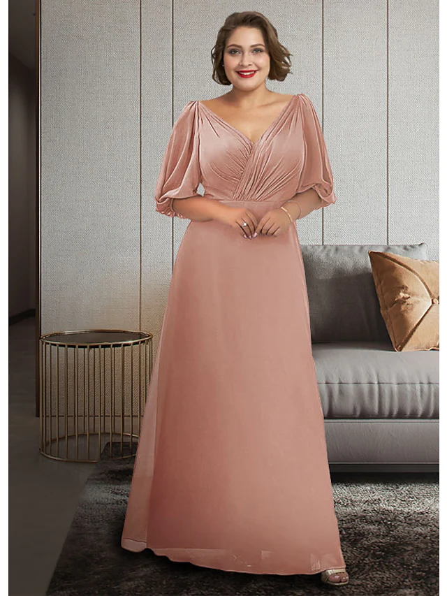 Elegant A-Line V-Neck chiffon dress with half sleeves and ruching, ideal for a mother of the bride.
