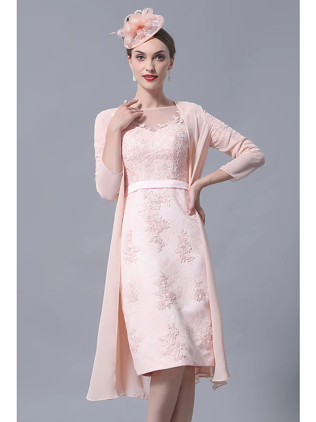 Elegant plus size Mother of the Bride dress with bateau neck and 3/4 lace sleeves, front view.