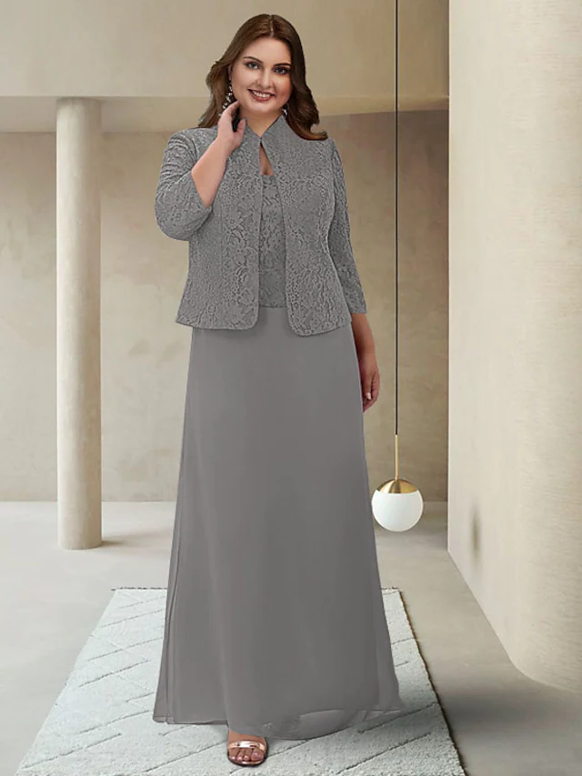 Elegant plus size mother of the bride dress with jewel neck, 3/4 sleeves, chiffon lace, and appliques.