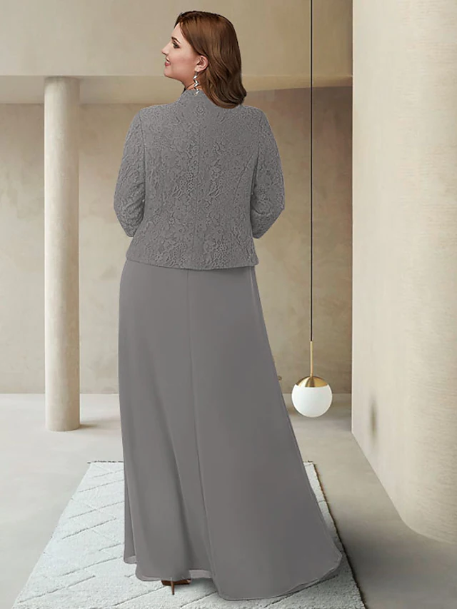 Close-up of the chiffon lace and applique details on the elegant mother of the bride dress.