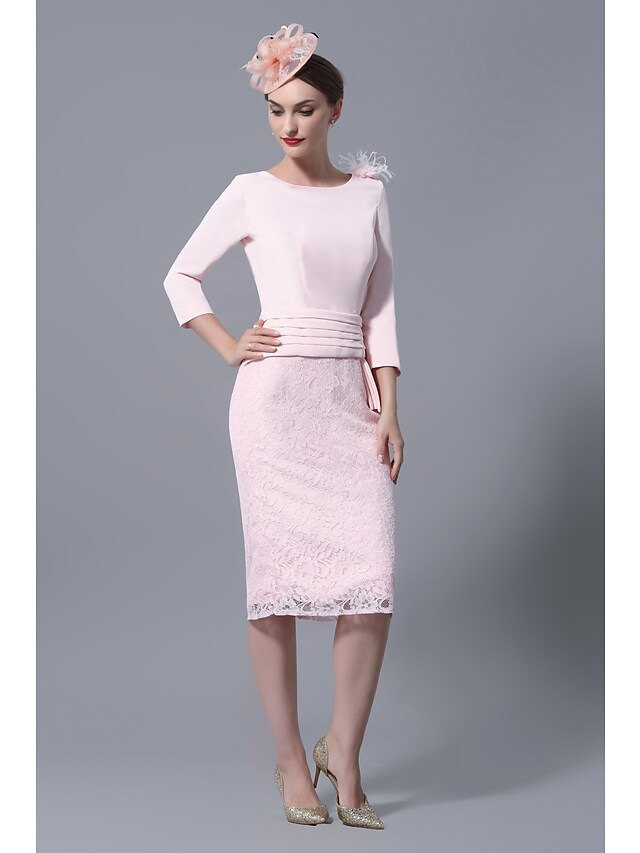 Elegant plus size Mother of the Bride dress with jewel neck, lace 3/4 sleeves, and knee length hem.