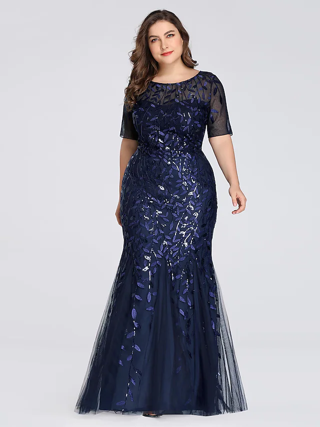 Plus size mermaid formal evening dress with jewel neck and short illusion sleeves, adorned with sequin appliques.