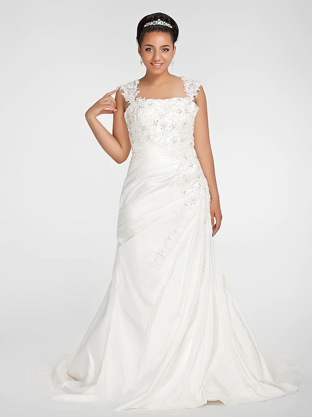 Elegant plus size mermaid wedding dress with square neck and court train.