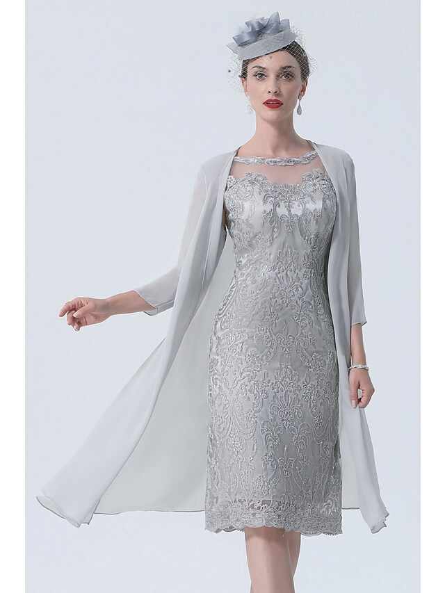 Elegant plus size two-piece Mother of the Bride dress with jewel neck and 3/4 lace sleeves.