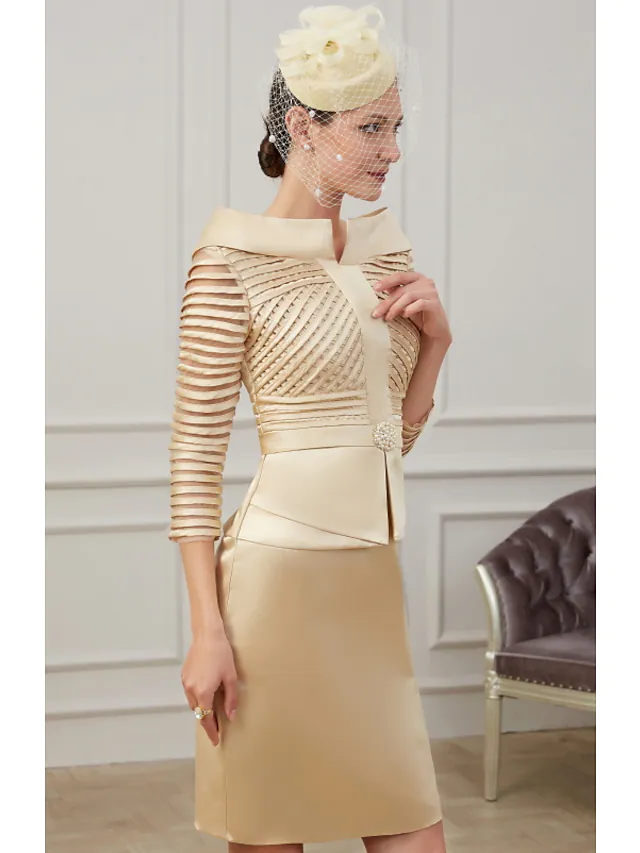 Side view of an elegant ruched off-shoulder dress.