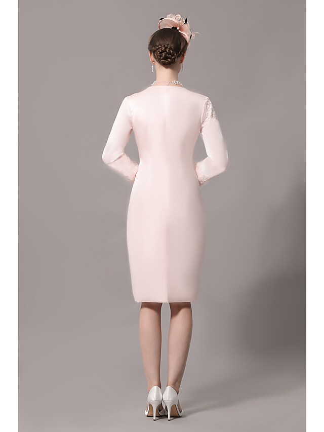 Back view of elegant plus size satin knee length dress.