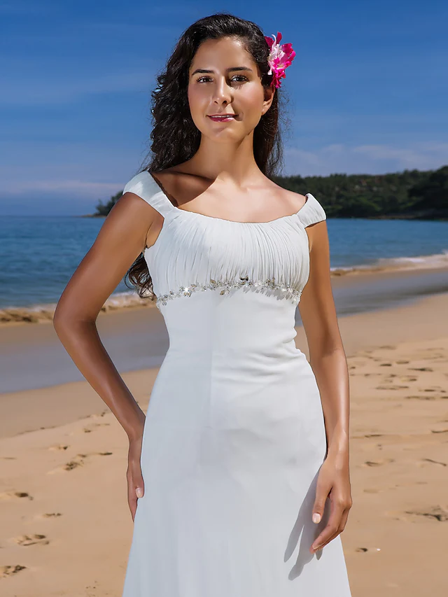 Full length view of a plus size beach wedding dress.