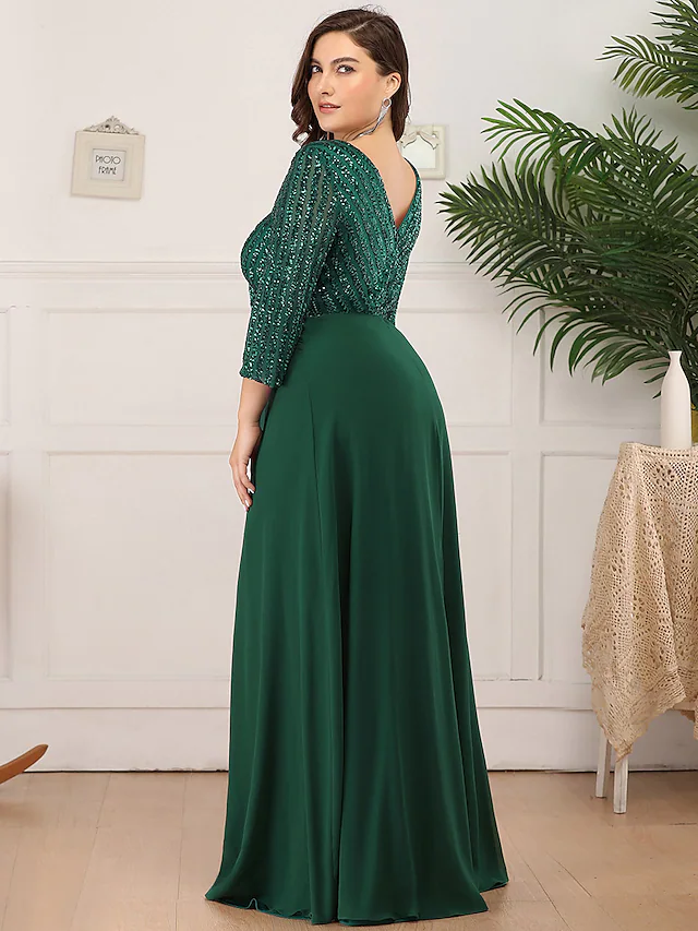 Side view of a woman wearing a plus size 3/4 sleeve sequin gown.