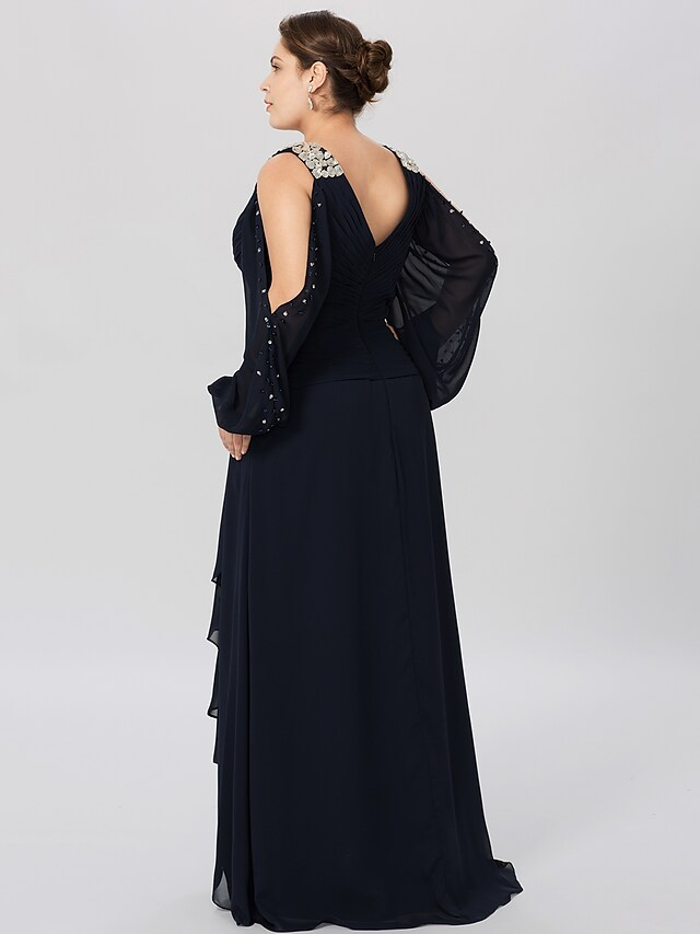 Side view of a plus size chiffon Mother of the Bride dress.