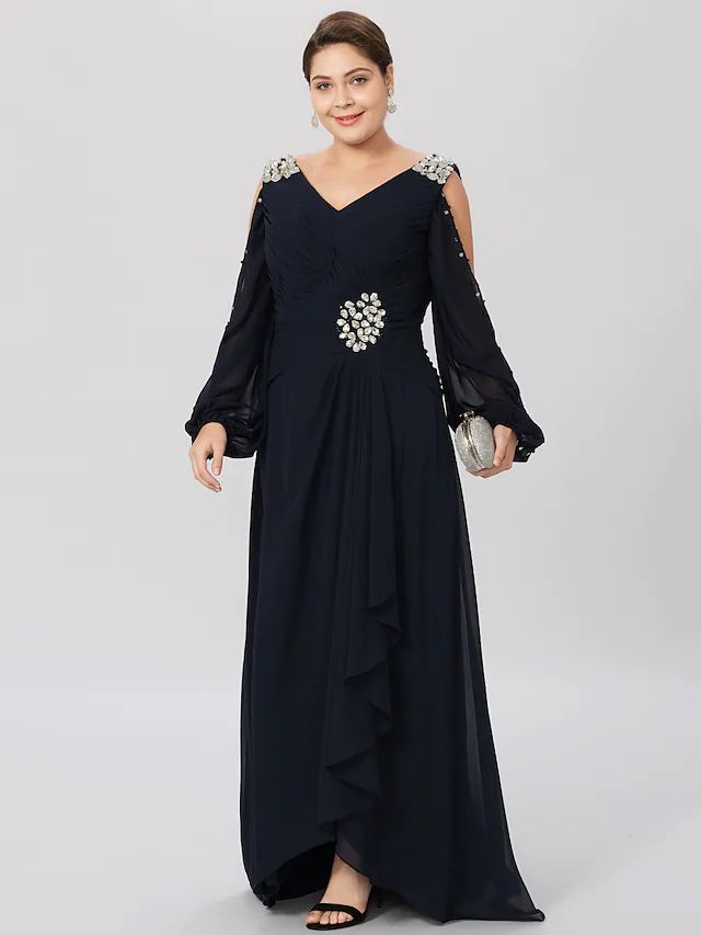 Back view of an elegant long sleeve Mother of the Bride gown.