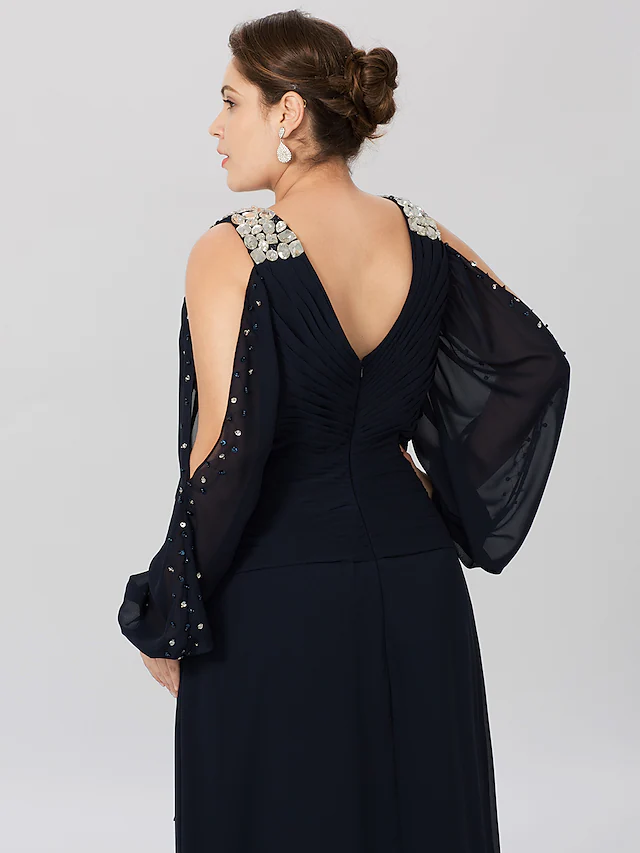 Full length view of a plus size asymmetrical chiffon dress.