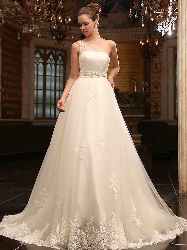 Elegant Princess A-Line wedding dress with one-shoulder neckline and court train.