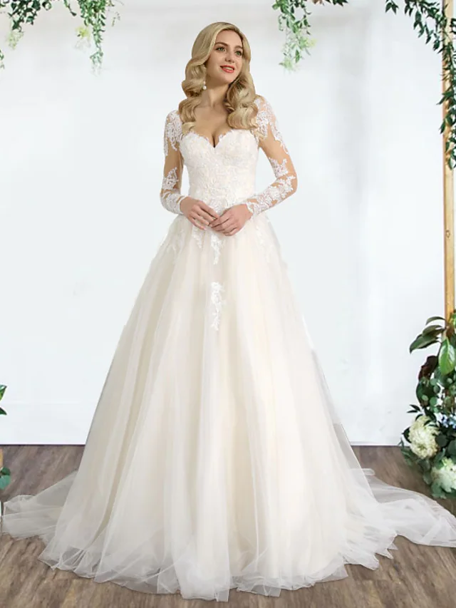 Princess A-Line wedding dress with sweetheart neckline, lace, and tulle details.