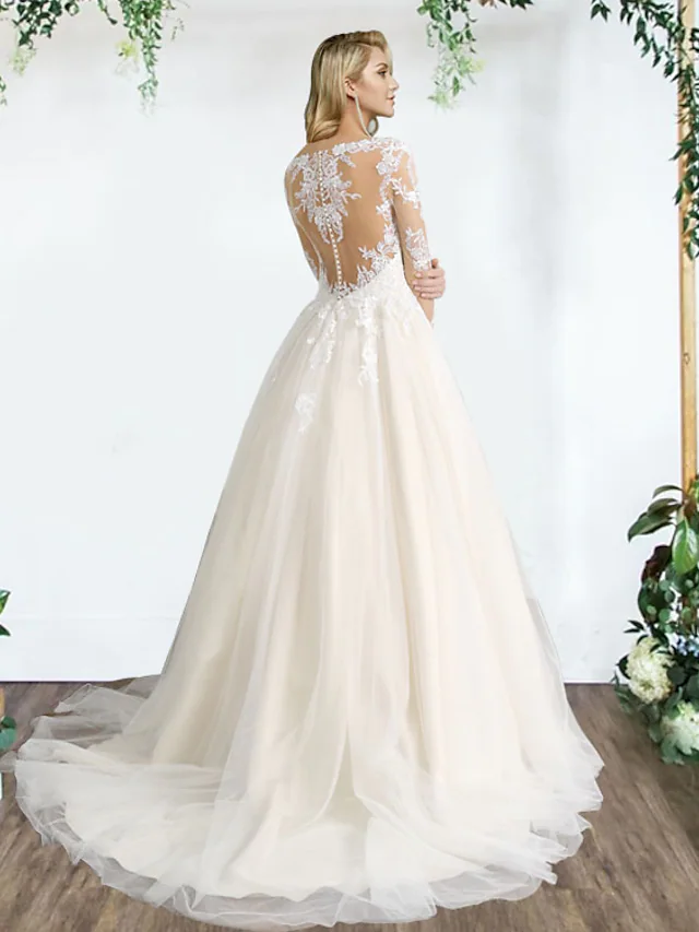 Back view of a Princess A-Line wedding dress showing pleats and appliques.