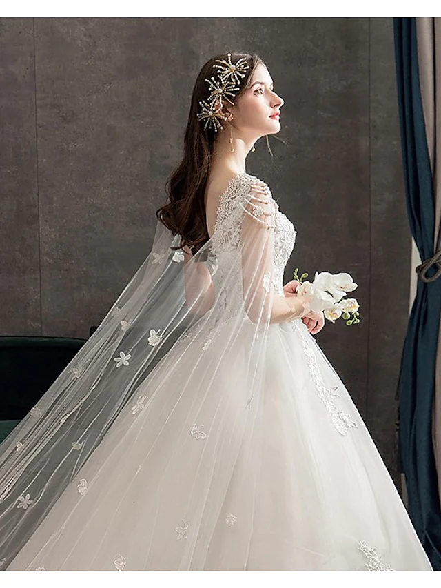 Back view of the sleeveless princess ball gown, highlighting the flowing chapel train and detailed appliques.