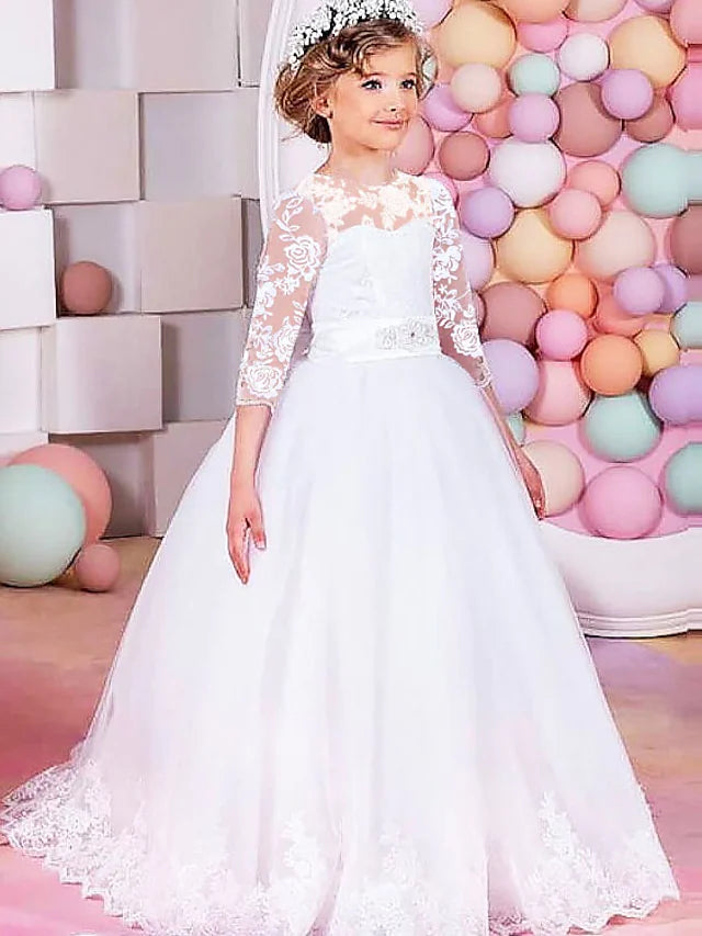 Princess floor length flower girl dress with lace, half sleeves, jewel neck, and sash ribbon.