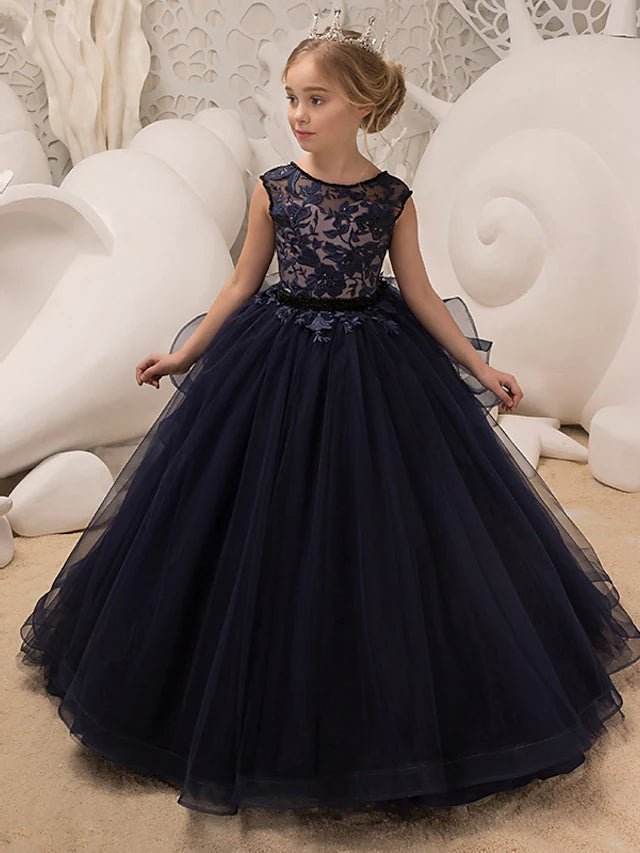 Elegant princess flower girl dress with jewel neck and pleats.