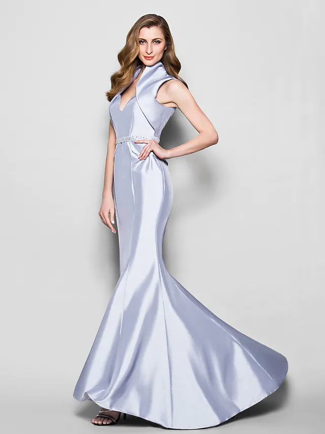 Elegant Queen Anne taffeta Mother of the Bride gown with a sash and ribbon beading.