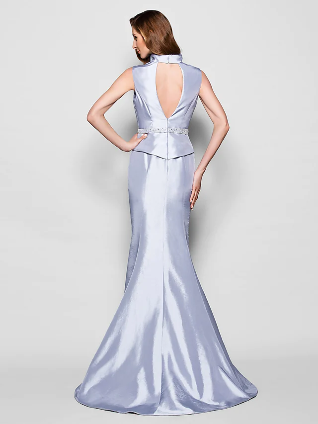 Side view of the sleeveless Queen Anne Mother of the Bride gown, showcasing the taffeta fabric.