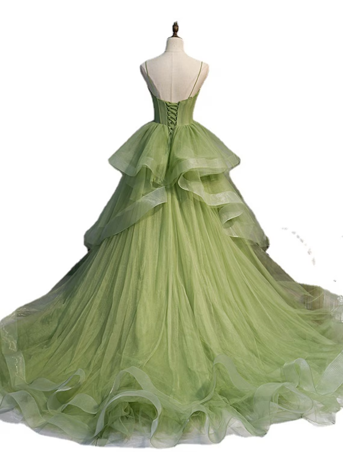Full view of a light blue sleeveless ball gown Quinceanera dress with a flowing skirt.