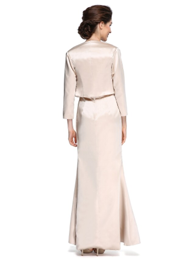 Back view of satin ankle-length dress with lace ruched detail.