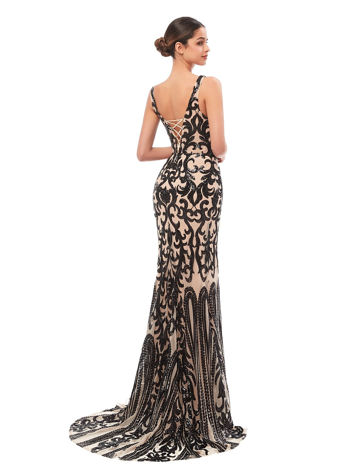 Full length view of the sequin tulle formal gown.