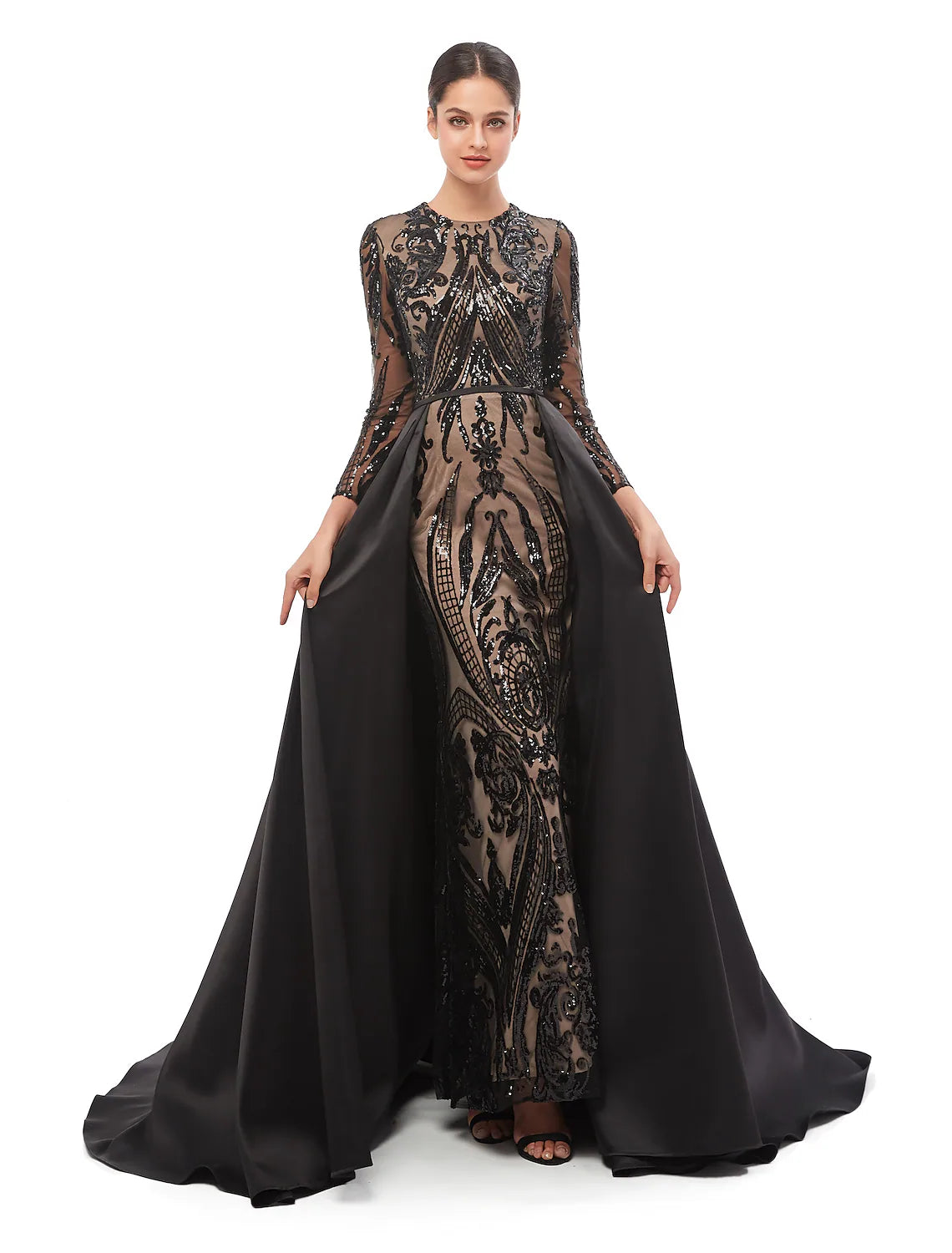 Back view of the sequined mermaid trumpet evening gown.