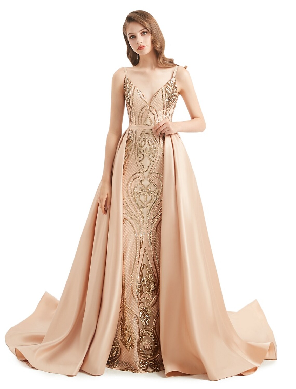 Full-length view of an elegant sequined V-neck mermaid gown.