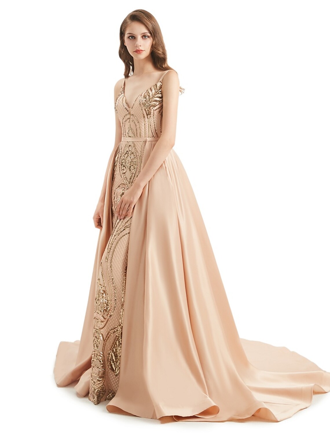 Back view of the sequined mermaid trumpet dress with a flowing train.