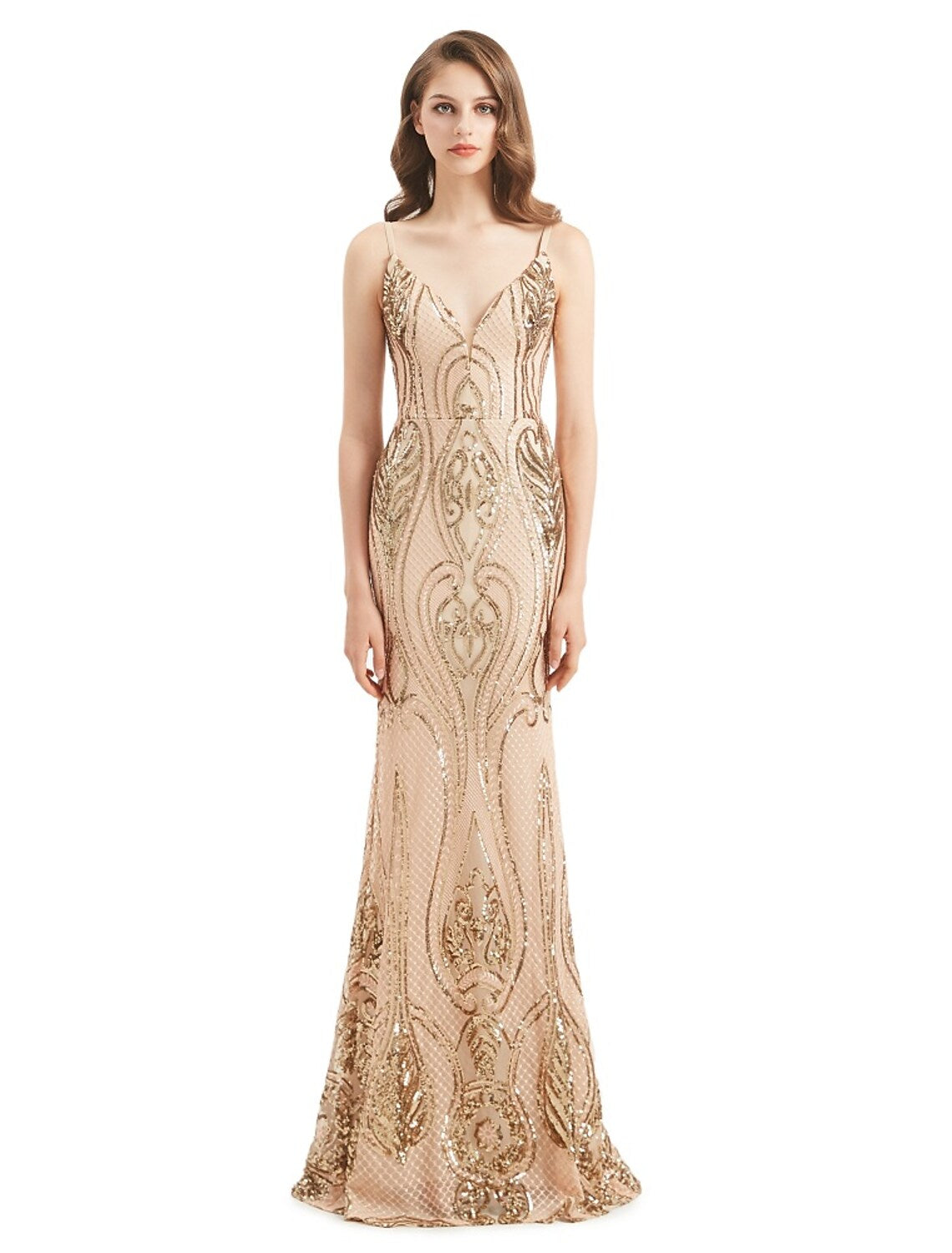 Side profile of the woman in the elegant sequined mermaid dress.