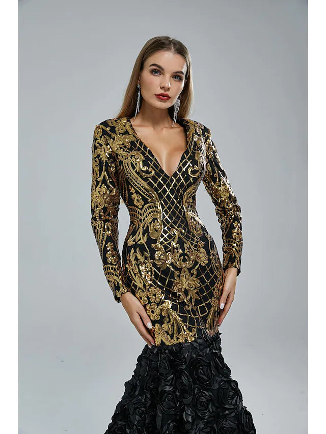 Back view of a woman wearing a sequined court train formal dress.