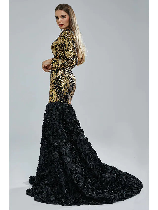 Woman showcasing the elegant V-neck and long sleeves of a sequined gown.