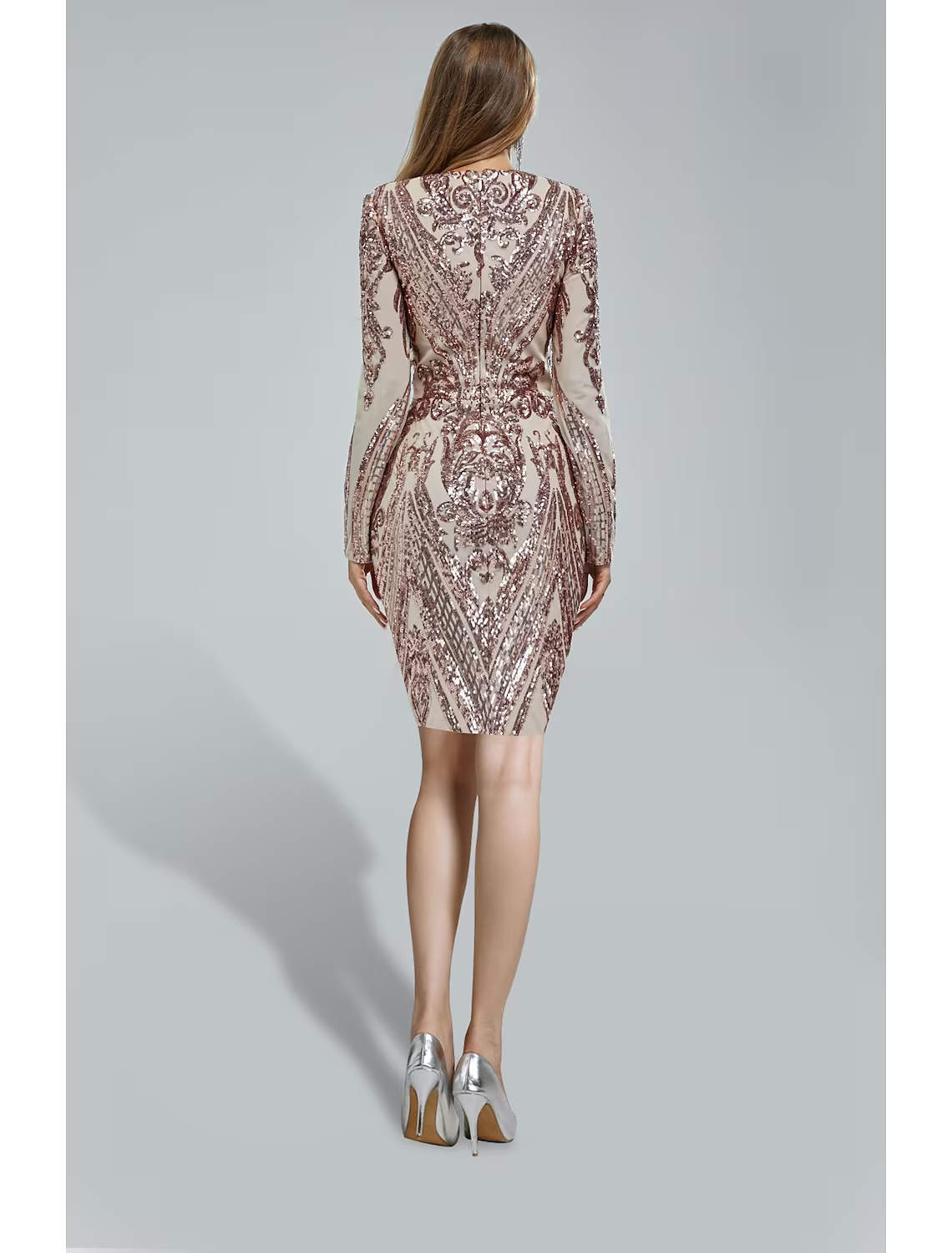 Tea length sequined mermaid dress featuring intricate appliques.