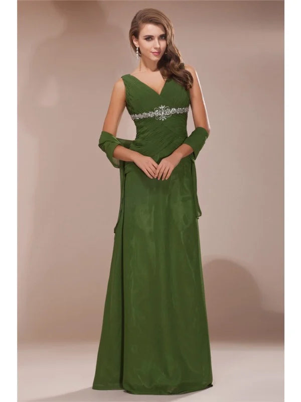 Front view of a long V-neck chiffon mother of the bride dress with delicate beading.