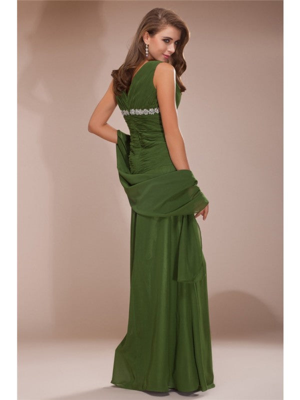 Side view of a long V-neck chiffon mother of the bride dress with delicate beading.