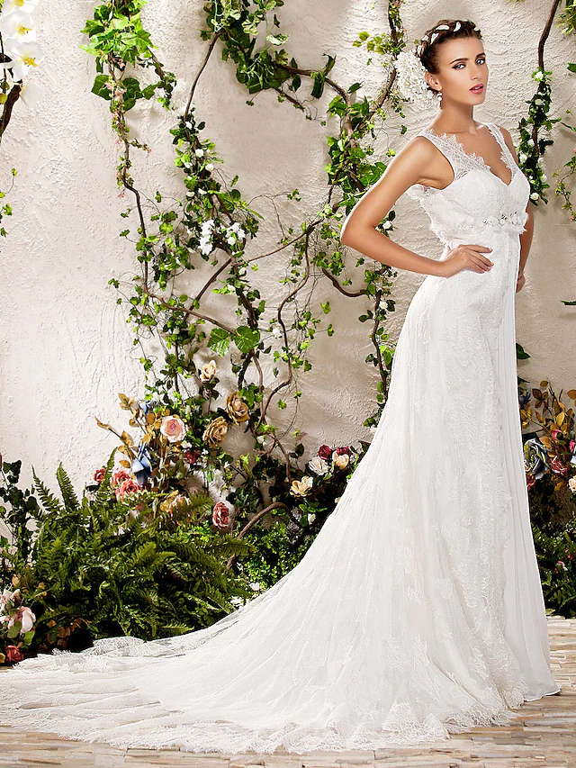 Back view of the V-neck lace wedding dress, showcasing the chapel train.