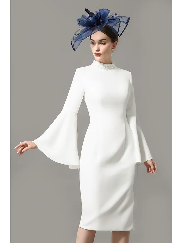 Elegant high neck mother of the bride dress, front view.