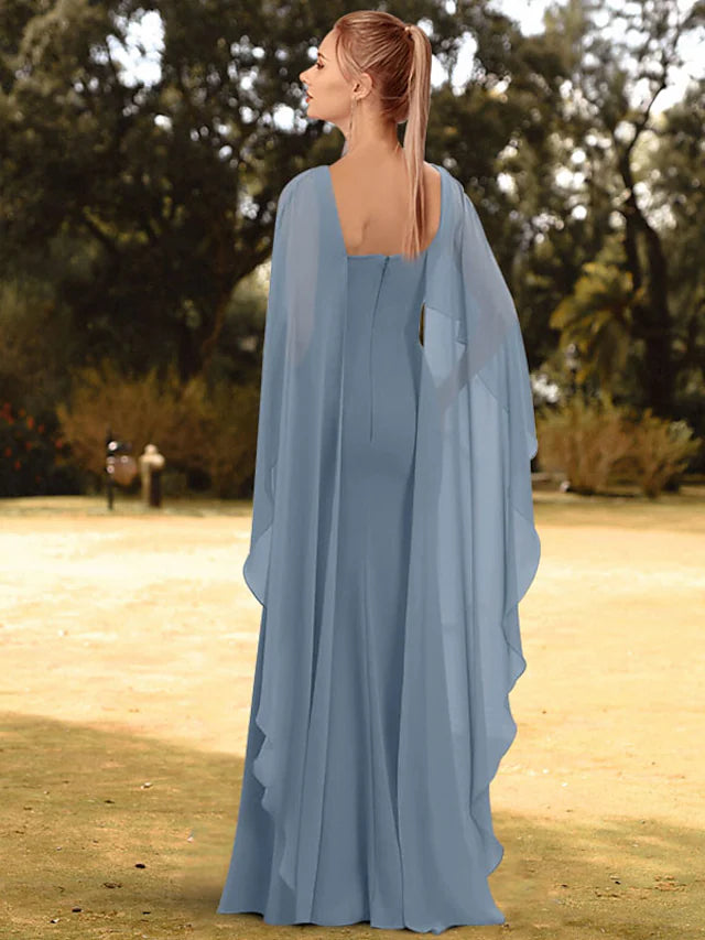 Close-up of the jewel neck and 3/4 sleeves on the chiffon evening gown.