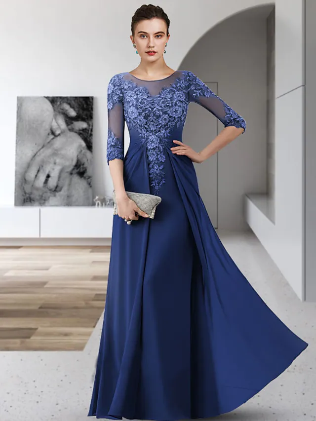 Elegant Mother of the Bride dress with jewel neck, 3/4 sleeves, appliques, and ruching.