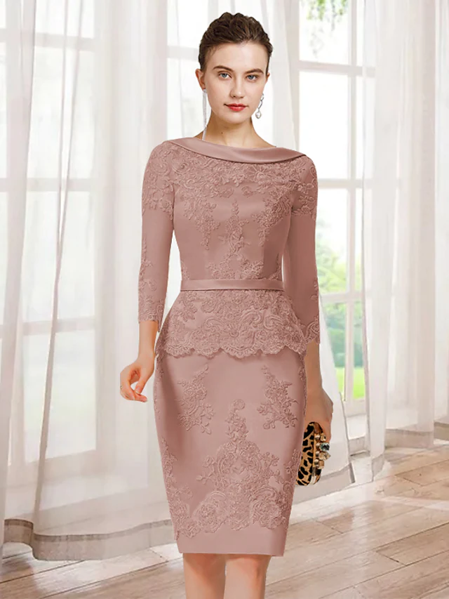 Elegant Mother of the Bride dress with jewel neck, 3/4 sleeves, and lace appliques.