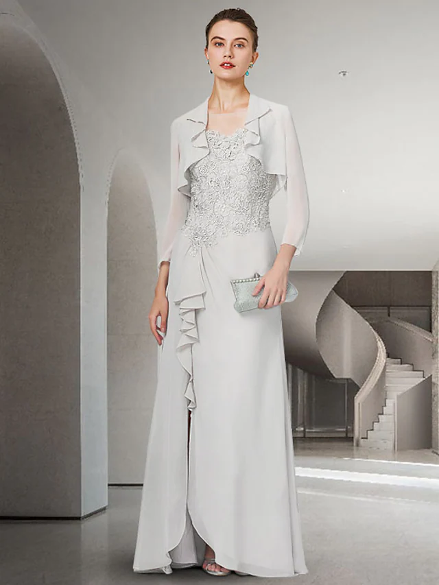 Elegant Mother of the Bride dress with jewel neck, 3/4 sleeves, lace, and chiffon fabric.