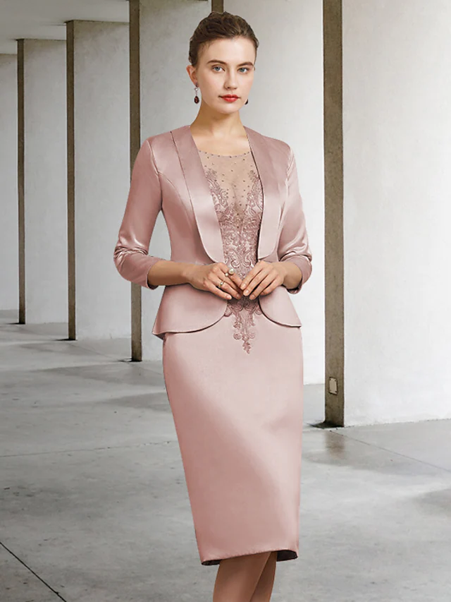 Elegant light blue two-piece Mother of the Bride dress with jewel neck, 3/4 sleeves, lace, satin, and appliques.