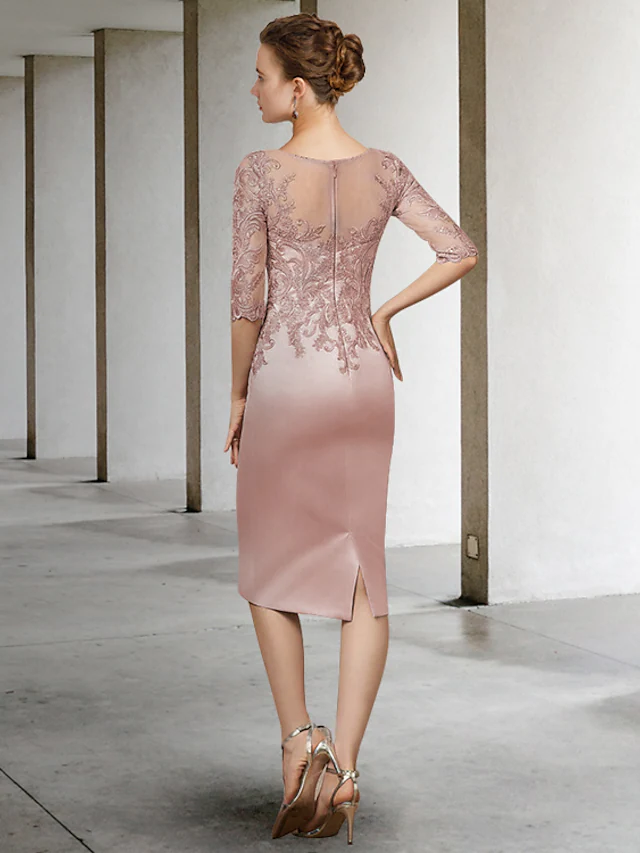 Detail of the 3/4 length sleeve and luxurious lace fabric on the elegant light blue Mother of the Bride dress.